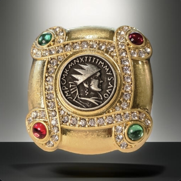 Designer Jewelry - Matte Gold Etruscan Revival Coin Mogul  Glass Cabochon Crystal Brooch